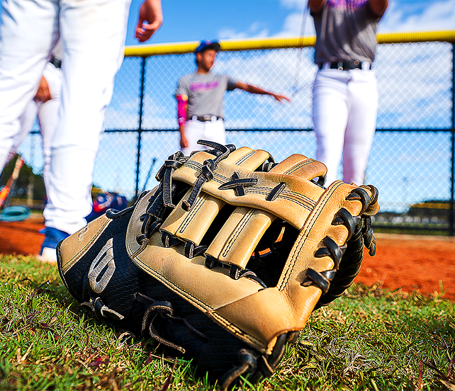 baseball glove with players in background