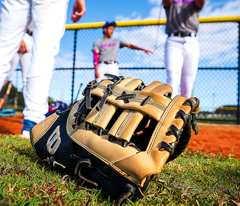 baseball glove with players in background